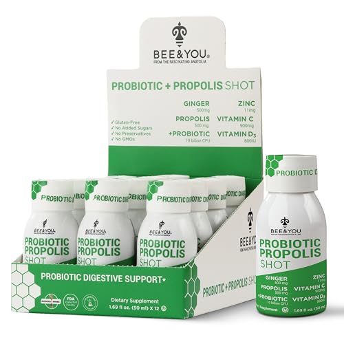 Bee and You Propolis Immune Shot, Probiotic, Vitamin C, Vitamin D3, Zinc, Ginger, Immune Support, Gut Health, Digestive Health, Bioactive 1.69 Fl. oz, 12 Pack