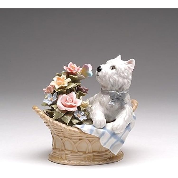 Cosmos Gifts Fine Porcelain Western Terrier Westie Dog in Rose Flowers Basket with Butterfly Musical Music Box Figurine (Music Tune: You Have Got A Friend), 5-3/8" L