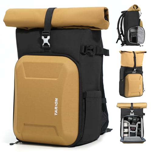 TARION Rolltop Camera Backpack with Hardshell - Large Camera Bag with 16 inch Laptop Sleeve and Quick Side Access - Urban DSLR Photography Backpack with Waterproof Raincover Tripod Holder Gold XH