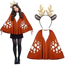 Xtinmee Christmas Deer Costume Set for Women Adult Reindeer Costume Includes Antler Deer Poncho Outfit Reindeer Headband Outfit Accessories for Christmas Birthday Makeup Xmas Party Supplies