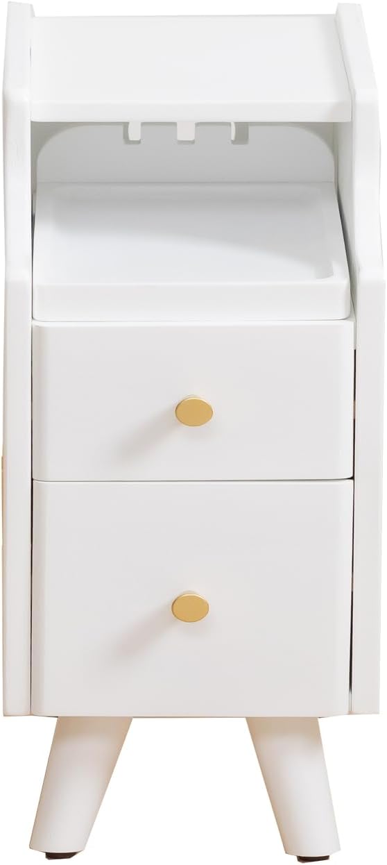 latifolia Solid Wood Nightstand, 2-Drawer Small Nightstand, Narrow Bedside Table with Shelf Storage(White, 7.87''W)