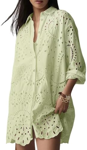 CHARTOU Women Eyelet Lace Dress Button Down Shirt Loose Fit Summer Casual Mini Dress