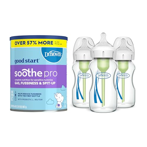 Dr. Browns Good Start Baby Formula Powder, 30.6 Ounce & Natural Flow Anti-Colic Options Wide-Neck Glass Baby Bottles 9 oz270 mL, with Level 1 Slow Flow Nipple, 3 Pack, 0m