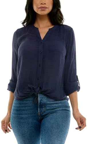 Zac & Rachel Women's Long Sleeve Linen-Like Button Up Shirt with Front Tie + Pocket, Poppy Red/Ceramic, XXL
