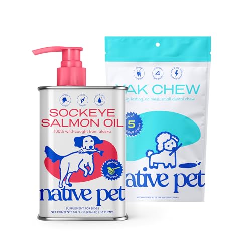 Native Pet Sockeye Salmon Oil for Dogs and Cats 8 Oz. & Yak Chews 5 Small Chews - All Natural Dental Sticks Made with Yak Cheese & Pure Omega-3 Fish Oil Promotes Healthy Skin & Shiny Coat