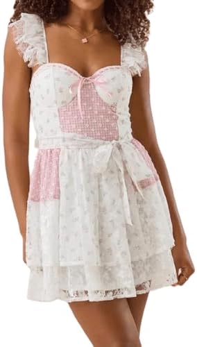 Women Fairy Lace Mini Dress Y2k Floral Lace Trim Ruffle Short Dress Backless Vintage Mesh Babydoll Dresses