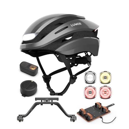 Lumos Ultra Helmet Ash Grey,Non-MIPS,Size M-L & Firefly Bike Light - 4 Pack & Quad Charging Mat & Remote & Turn Signal Mount