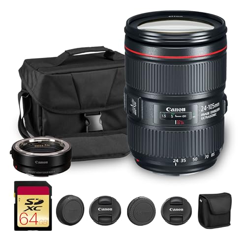 Canon EF 24-105mm f4L is II USM Lens | L-Series Standard Zoom with Image Stabilization & Advanced Optics | Ideal for Portraits, Weddings & Everyday Photography  Adapter EF-EOS R  Bag  64GB Card