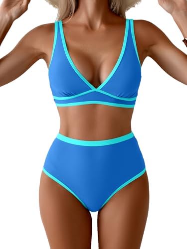 Womens High Waisted Bikini Sets Two Piece Color Block Triangle Swimsuits Sexy V Neck Bathing Suits
