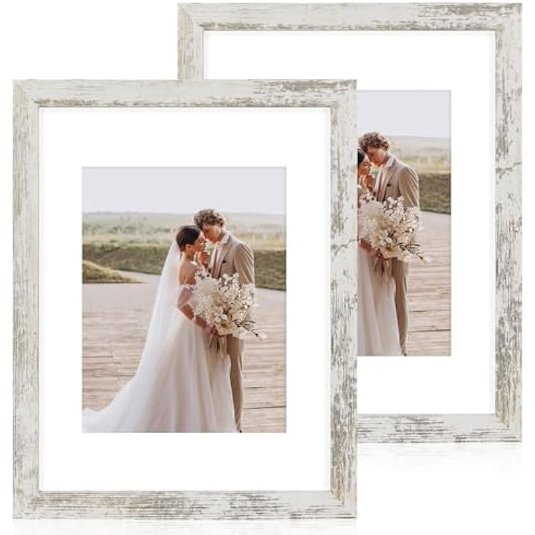 11x14 Picture Frame Set of 2, Made of Glass and Distressed White Wooden Frame, Display 8x10 Pictures with Mat or 11 x 14 Posters without Mat for Wall Mounting, Gallery Photo Frames