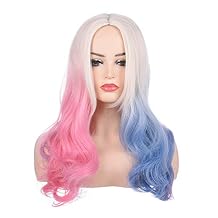 morvally 20 Inches Long Wavy Blonde Blue Pink Ombre Synthetic Hair Wigs for Women Cosplay Halloween