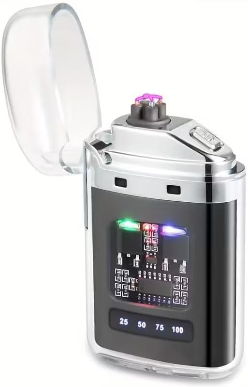 Şeffaf Çift Yaylı USB Şarjlı Elektronik Çakmak – Rüzgar Geçirmez, LED Göstergeli, Type-C Şarjlı