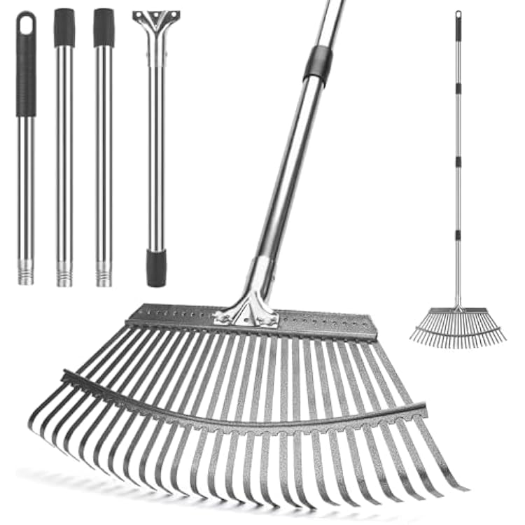 KeFanta Garden Leaf Rakes, Rake for Leaves Heavy Duty 25 Metal Tines 18.5 Wide, 62 Adjustable Long Handle Rakes for Lawns Yard Grass Flower Beds