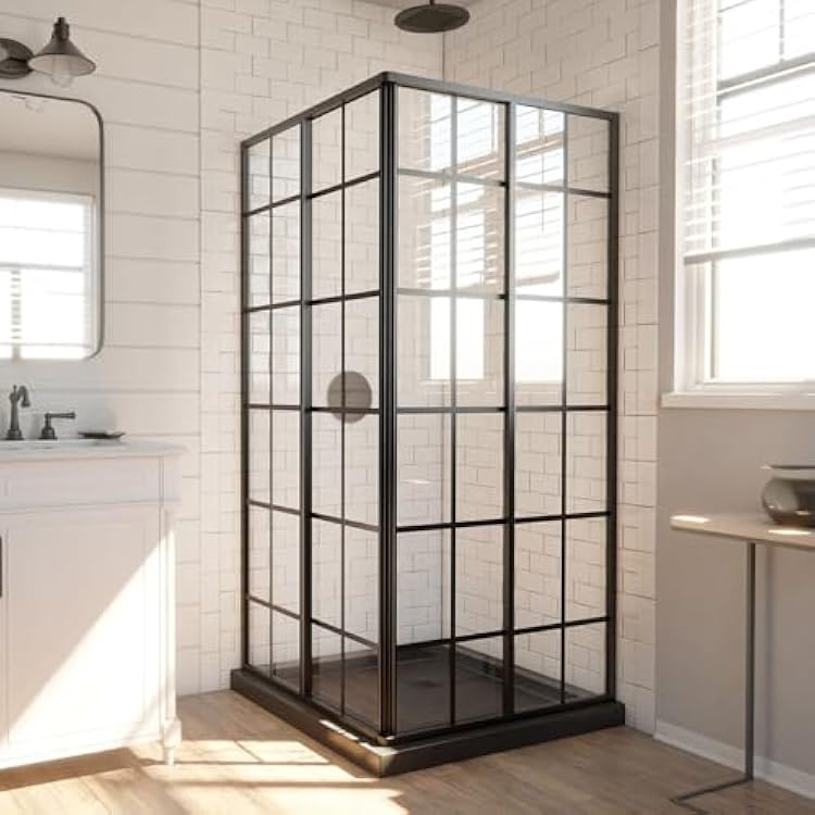 DreamLine French Corner 36 in. D x 36 in. W x 74 34 in. H Sliding Shower Enclosure in Satin Black and Corner Drain Black Base Kit, DL-6789-09