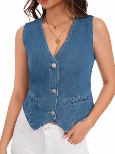 Womens Denim Vest Sleeveless V Neck Button Down Jean Jacket Y2K Summer Crop Tops