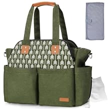 Lekebaby Diaper Bag Tote for Baby - 17 Pockets Large Travel Diaper Tote with Portable Changing Pad, Mom Crossbody Hospital Bag with Purses, Waterproof, Baby Essentials for Newborn Gifts, Green