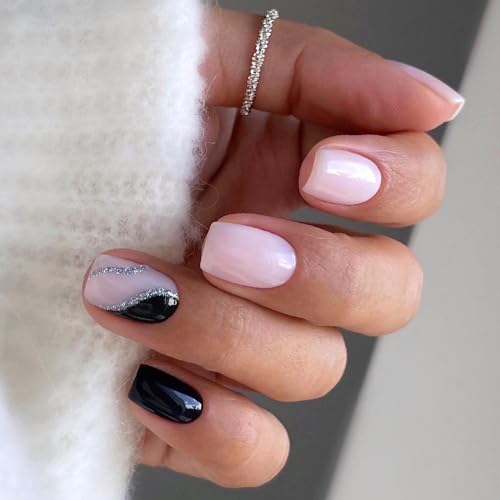 Pink Press On Nails Short Square, Black Silver Glitter Design Short False Nails, Reusable Stick On Fake Nails with Glue For Women, 12Sizes-24 Salon Quality Nail Kit, Gift for Woman