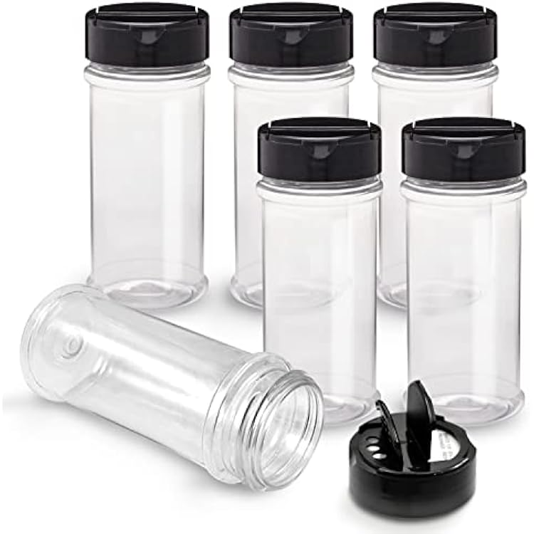 RoyalHouse 6 Pack 5.5 Oz Plastic Spice Jars with Black Cap, Clear and Safe Plastic Bottle Containers with Shaker Lids for Storing Spice, Herbs and Seasoning Powders, BPA Free, Made in USA