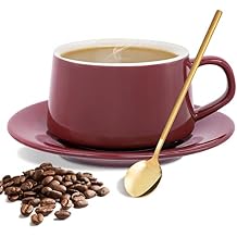 Coffee Mug with Spoons, Espresso Cups and Saucer for Latte & Cappuccino & Double Espresso, Valentines Day Gifts, Office, Essentials for New Home(Red)