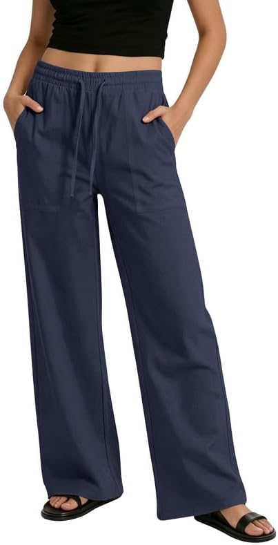 keriffe Womens Casual Linen Pants Drawstring Wide Leg Summer Beach Trousers