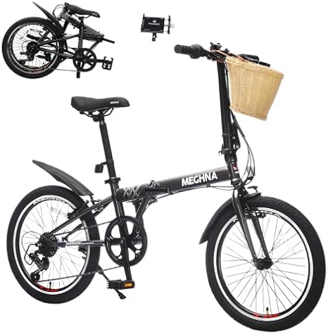 20 Inch Folding Bike for Adults with Basket, Phone Holder & Fenders, Steel Frame 6-Speed City Commuter, Dual V-Brake Portable Compact Bicycle for Men & Women