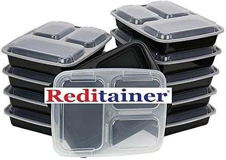 Reditainer - 3 Compartment Microwave Safe Food Container with Lid/Divided Plate/Lunch Tray with Cover, 20 Pack