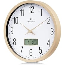 Lafocuse 12 Inch Silent Kitchen Beige Wall Clock with Date Day Temperature, Battery Operated LCD Wall Clock for Living Room Decor