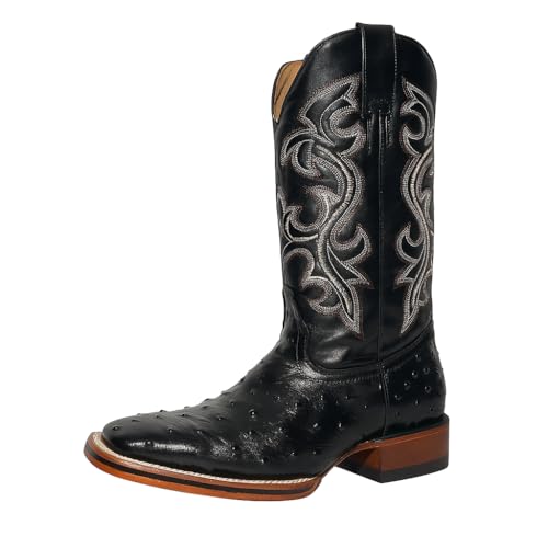 Mens Genuine Leather Exotic Full Quill Ostrich Print Square Toe Cowboy Western Boots - Black