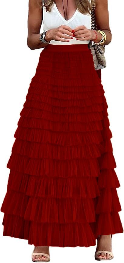 Comfy Stylish Women's Tiered Tulle Maxi Skirt - Sheer Mesh Aline Flared Elastic Waist Long Skirt - Party Wear