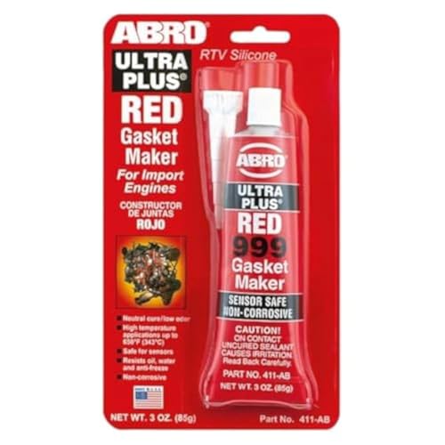 ABRO Ultra Plus 999 RTV Silicone Sealant and Gasket Maker, for Import Engines, Sensor Safe, Non-Corrosive, High Temp Silicone Sealant, 650 Degrees F, 3 oz. Tube - Red