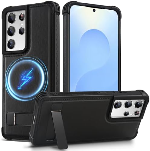 KEZiHOME Compatible for Samsung Galaxy S21 Ultra Case, Premium Genuine Leather [Built-in Kickstand] [Shockproof] [Drop-Proof], Magnetic Protective Phone Cover Case for Galaxy S21 Ultra 5G (Black)