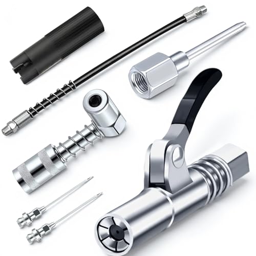 Grease Gun Accessory Kit,includes Grease Needle Dispenser, 2pcs Grease Needle Nozzles, 90 Degree Grease Coupler Adapter with Sleeves, Grease Gun Coupler, 12 Inch Grease-Gun-Hose, Zerk Fitting Cleaner