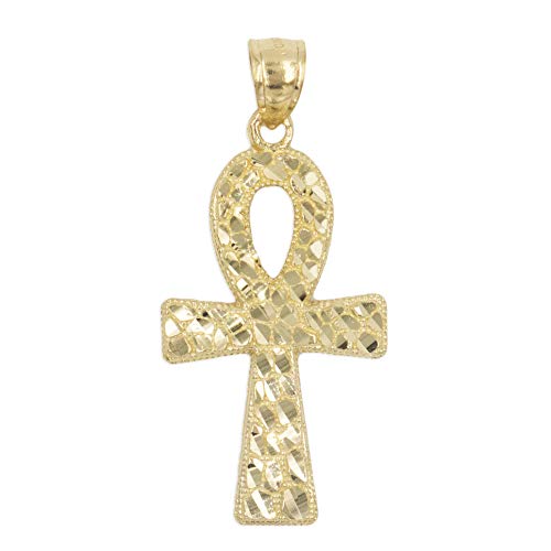 10k Real Solid Gold Ankh Pendant with Diamond Cut Finish, Symbol of Life Egyptian Cross Jewelry Gifts Yellow-Gold