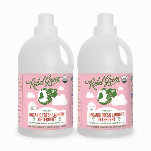 Rebel Green Organic Laundry Detergent - Natural Laundry Soap - Liquid Laundry Detergent with Dispenser Cup - Gentle Laundry Detergent - Fresh Pink Lilac - 68 Load Bottles, 2 Pack