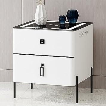 Smart Nightstand with Drawer, Side Tables Bedroom, Nightstand with Charging Station, Modern Nightstand, Fingerprint Unlock,A-2 Layer-50cm19.7in