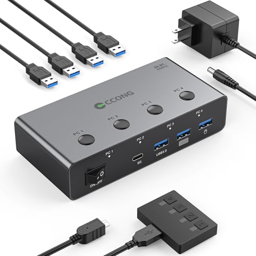 5G USB3.0 KVM Switch HDMI 8K@60Hz 4K@144Hz for 4 Computers Share 1 Monitor, KVM Switch 4 Port with 3 USB 3.0 and 1 USB-C Ports Share Keyboard Mouse