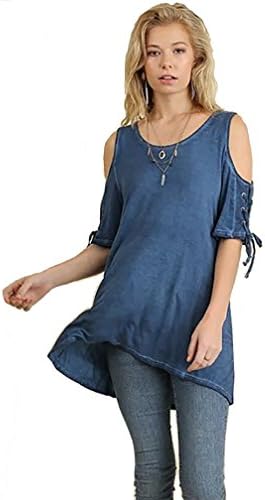 Umgee Womens Cold Shoulder Scoop Neck Tunic with Lace Up Drawstring Sleeves
