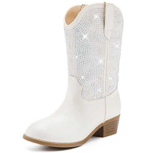 Rhinestone Sparkly Girls Cowgirl Cowboy Boots Little Kids Dress Boot Pointed Toes Low Heel Mid Calf Zipper Party Birthday Toddler to Big Kid