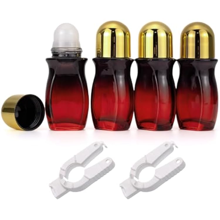 4 Pack 50mL Glass Roller Bottles for Deodorant, Essential Oil Roll On Bottles, Leak-Proof Refillable Rollerball Containers, Travel DIY Perfume Applicator, Black Red Gradient with Golden Caps