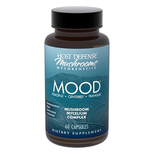 Host Defense MycoBenefits Mood Capsules - Healthy Mind Support with Lions Mane, L-Theanine & Ashwagandha - Relaxing & Calming Supplement - 60 Capsules 30 Servings