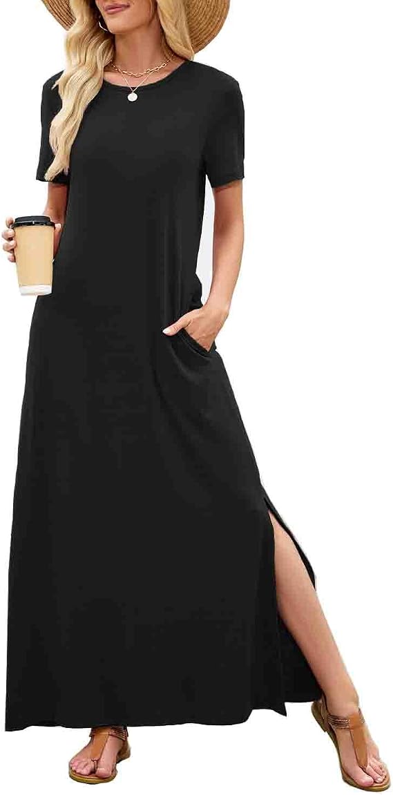 Women Summer Round Neck Fashion Short Sleeve Casual Long Dress Split Beach Maxi Dress with Pockets