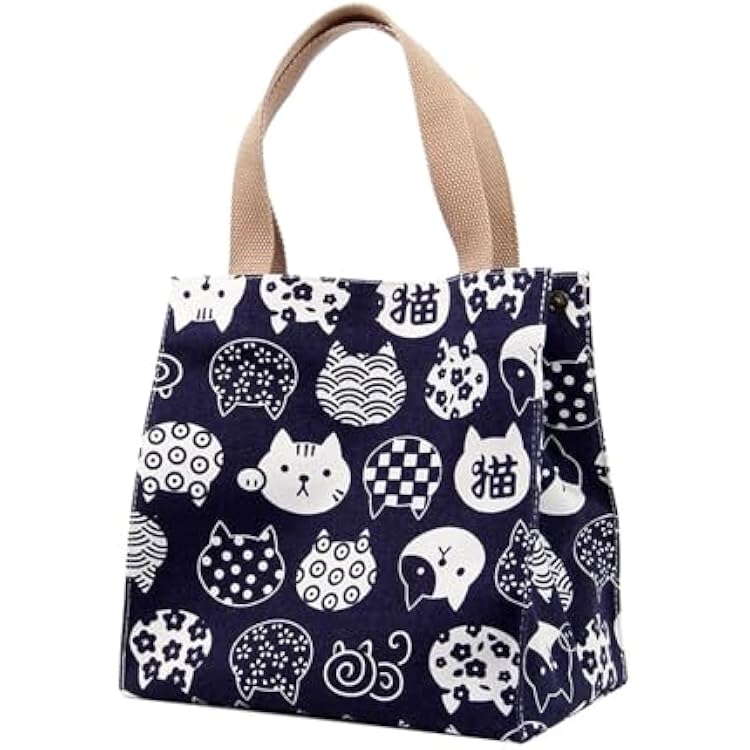 1Pcs Chic Thermal Insulated Lunch Bag Cat Animal Print Canvas Secure Zip PVC Lining for Picnics Office Lunch Bag