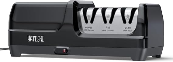 Yatoshi Electric Sharpener, 50-Watt, Diamond Abrasives and Precision Angle Guides, 20-Degree Straight-Edge and Serrated Knives, 3 Stage