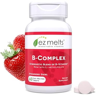 EZ Melts Dissolvable B-Complex - Vitamin B Complex - Provides Energy Metabolism & Heart Health Support - with Methylated B12 & Folate - Non-GMO & Vegan - Strawberry Swirl - 60 Tablets 60 Servings