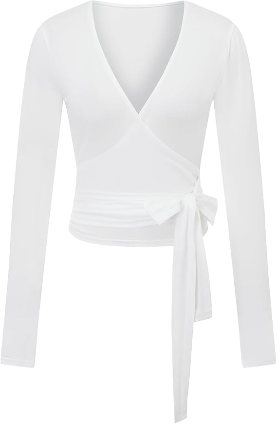 Aopwsrlyi Women Wrap Top Long Sleeve Tie Up Front V Neck Ballet Pilates Workout Yoga Shirt with Thumb Hole