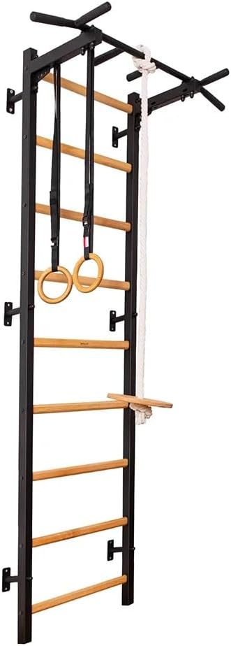 721B+A076 Wallbar, Stall Bar, Gymnastic Ladder, Multifunctional Equipment with Fixed Metal Pull Up Bar, Chin Up Bar and Wooden Rings, Climbing Rope with Swing. for Hanging Exercises