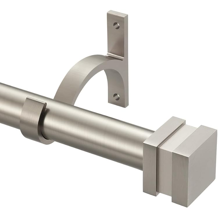 Brushed Nickel Curtain Rods - Single, Telescoping 36-72 Decorative Rods with Square Finial, Heavy Duty 1 Diameter