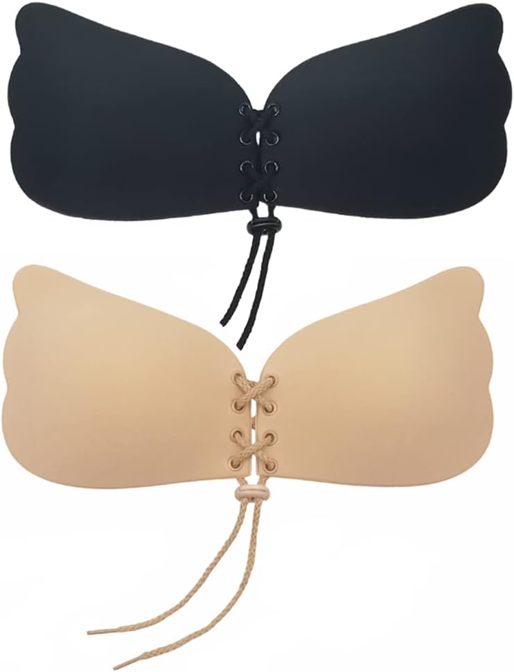Push Up Bra for Women, 2 Pack Invisible Adhesive Strapless Backless Bra, Stick on Bra with Drawstring, Skin Friendly Sticky Silicone Padded for Everyday Wearing, Party, Wedding