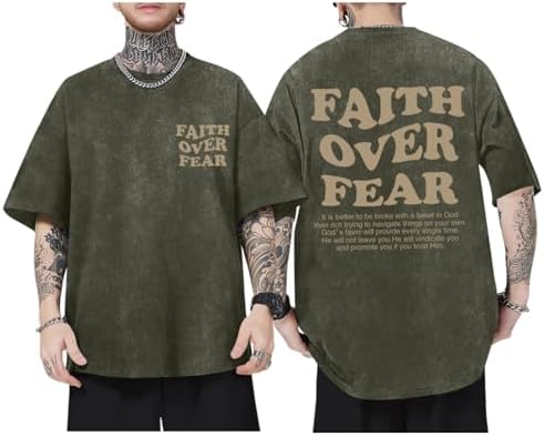Christian Shirts for Men Faith Over Fear Oversized Shirt Acid Wash Tshirt Graphic Religious T Shirt Bible Verse Tees