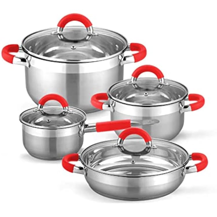 Cookware 8 Pieces Sets of Pans and Pots for Induction, Vitroceramic and Gas. Glass Lids. Stainless Steel.